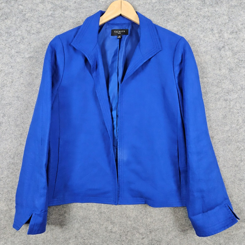 Talbots Petites Blue 100% Linen Blazer Jacket Women's Size 14P Polyester Lining